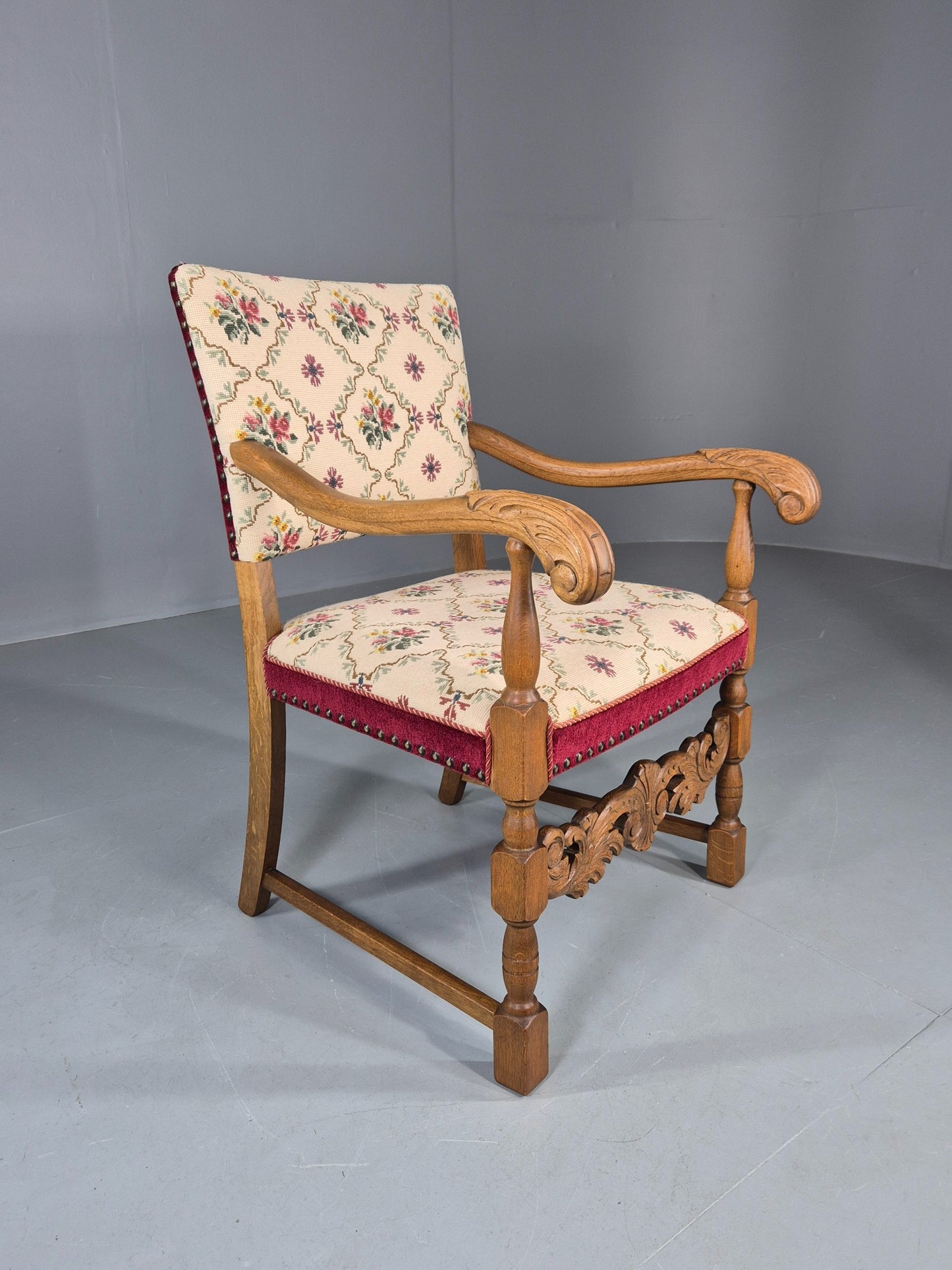 Vintage Danish Baroque Armchair Carved Oak Frame Tapestry Seat EB12113
