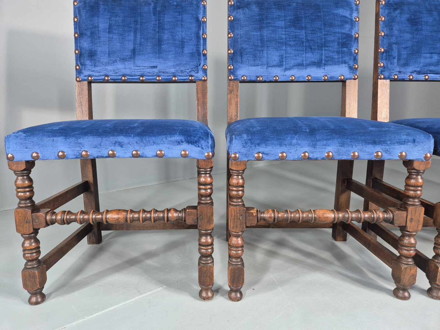 Antique Louis XIII Style Oak Dining Chairs Blue Velour Upholstery EB12795