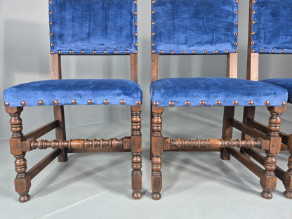 Antique Louis XIII Style Oak Dining Chairs Blue Velour Upholstery EB12795