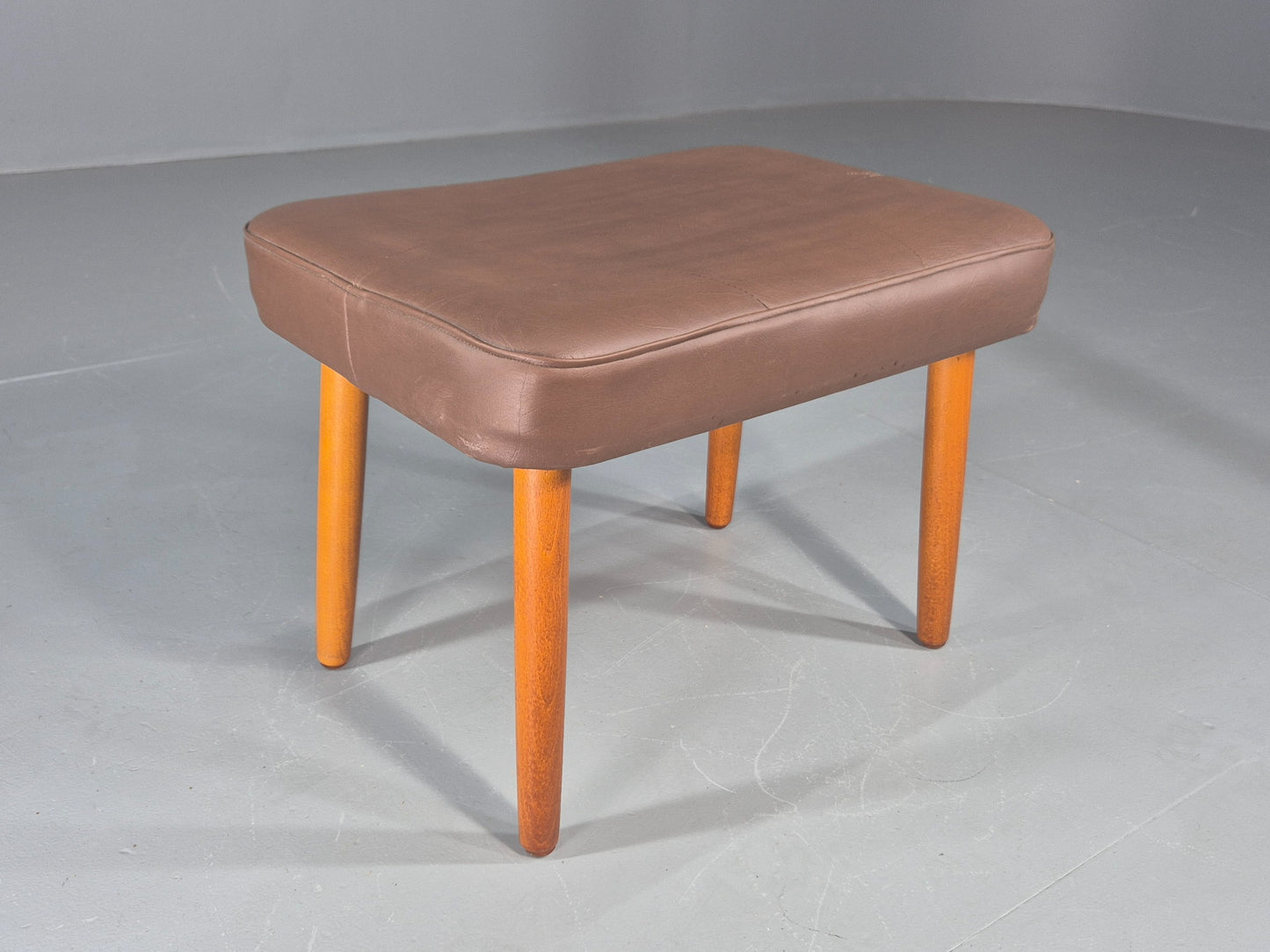 Vintage Danish Mid Century Footstool Brown Vinyl Beech Legs Retro 1960s EB12090