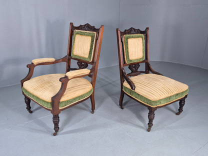 2 Antique Mahogany Saloon Chairs Green and Cream Upholstery Edwardian EB12792