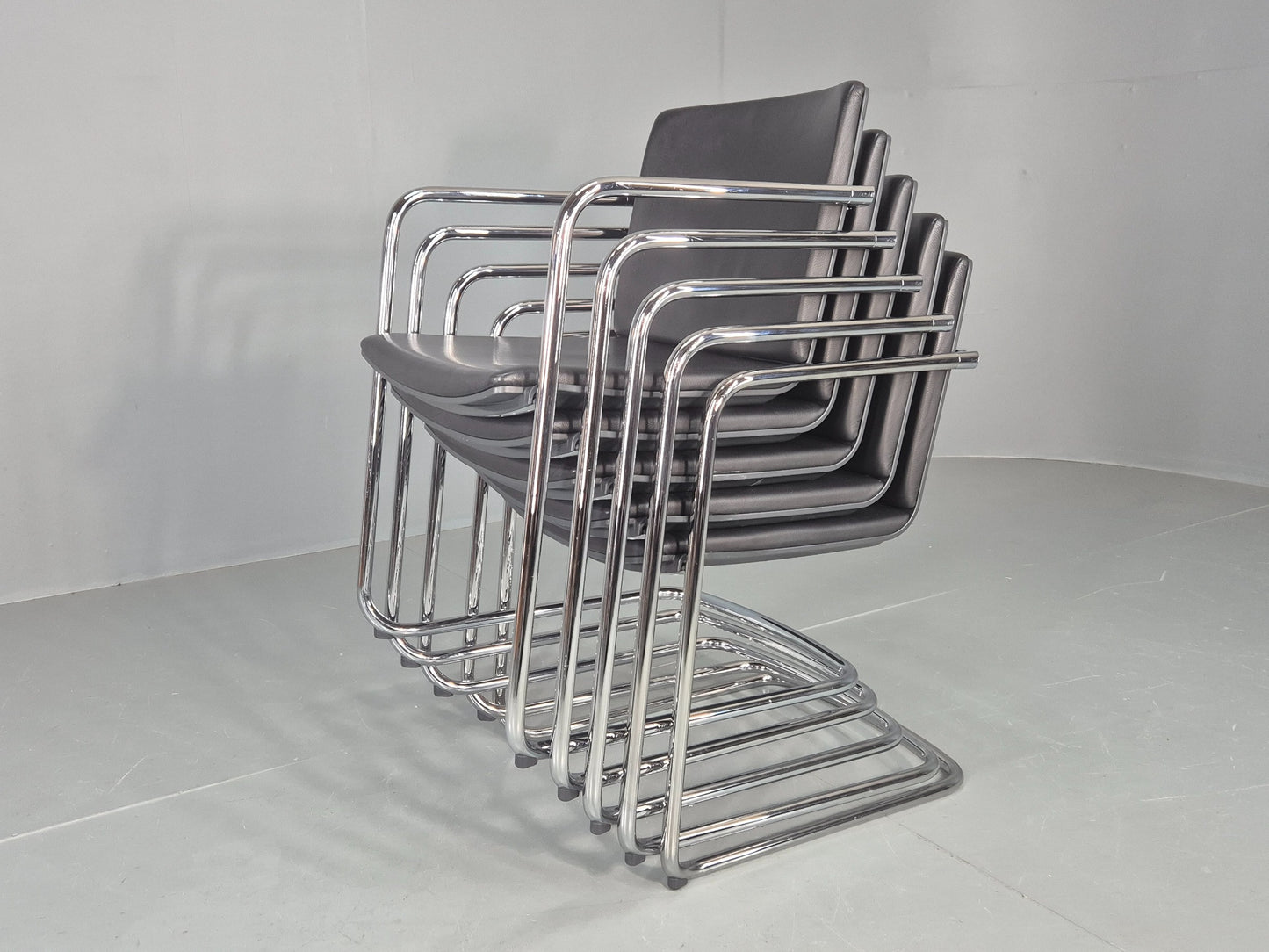 5 Vintage Stacking Chairs Wilkhahn Chrome Cantilever Frames Leather EB12239