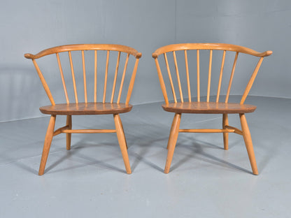 2 Ercol Cowhorn Elbow Chairs Blonde Wood 1960s Short Legged Retro MCM EB12459