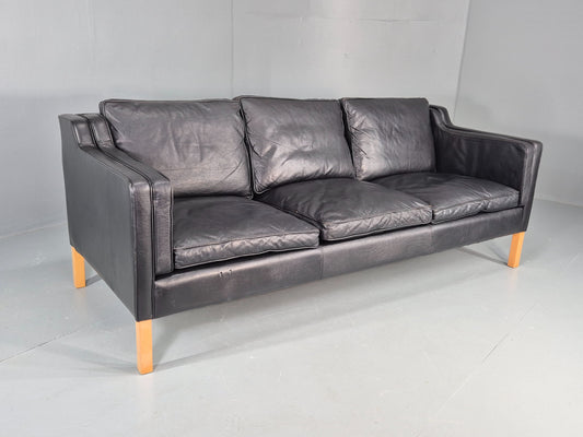 Vintage 3 Seater Sofa Danish Black Leather 1980s Retro MCM Quality EB12434