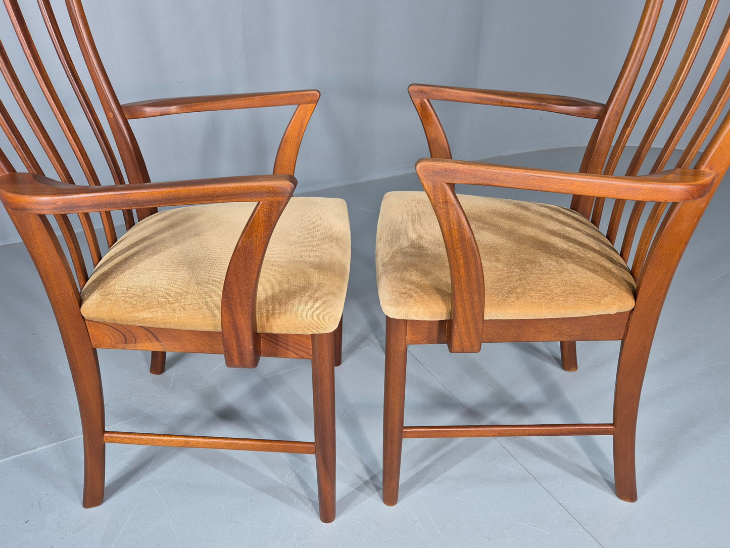2 Vintage McIntosh Carver Dining Chairs Teak Frames Gold Velour Seats EB12181