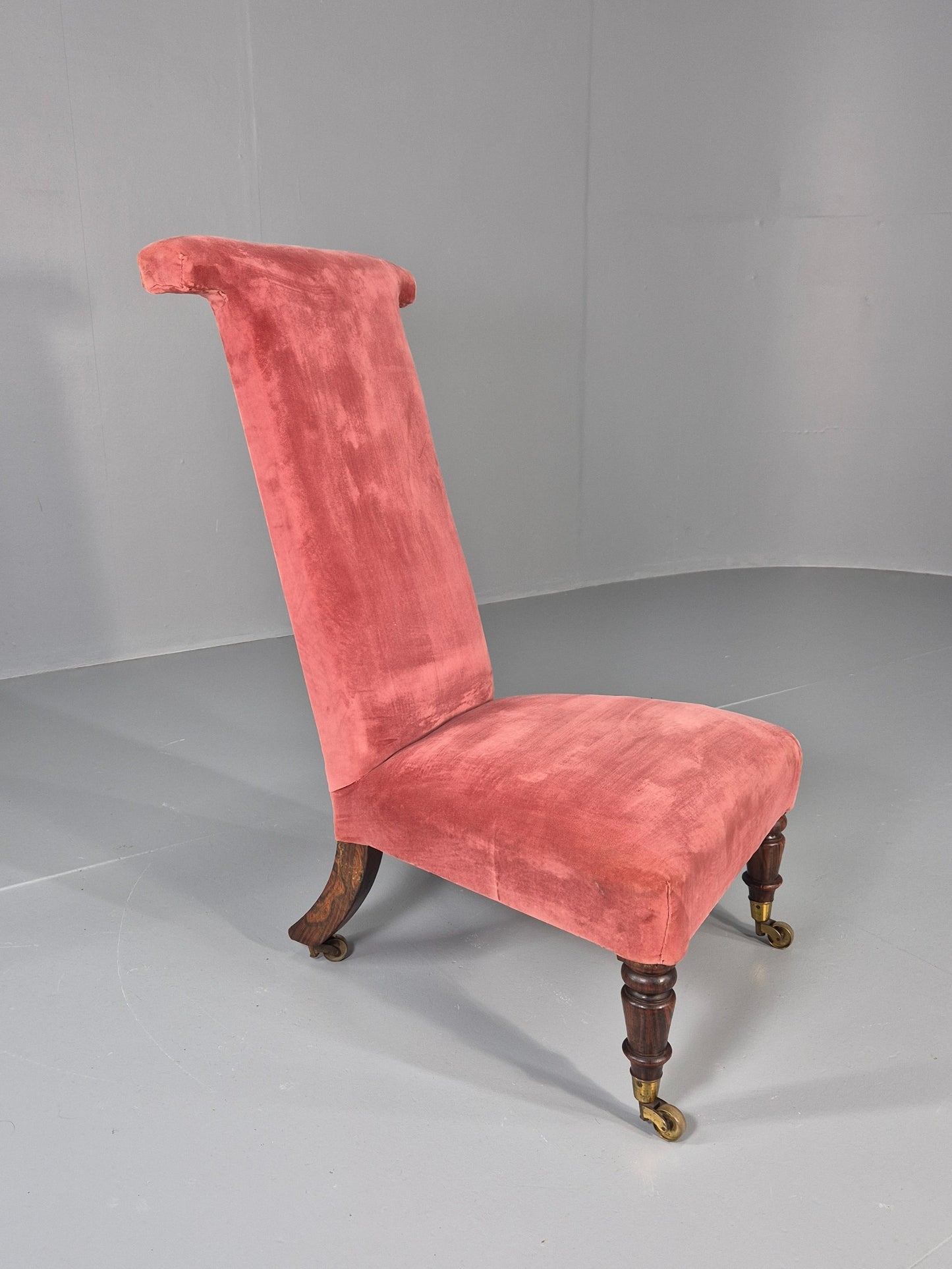 Antique Prayer or Slipper Chair Hot Pink Velvet Velour Upholstery 1900s EB12456