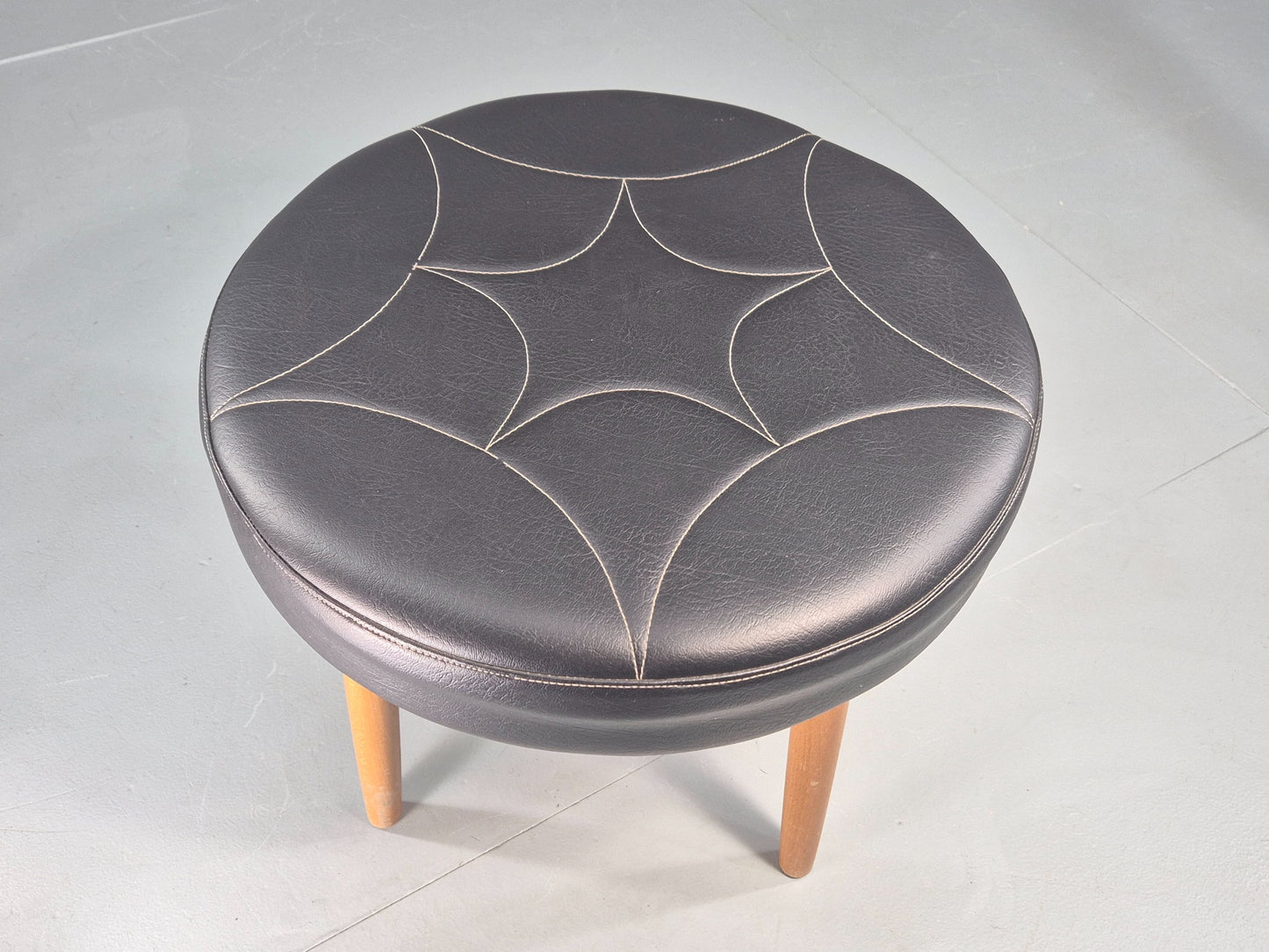 Vintage Danish Mid Century Footstool Black Vinyl Round Beech Legs Retro EB12092