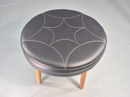 Vintage Danish Mid Century Footstool Black Vinyl Round Beech Legs Retro EB12092