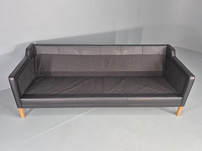 Vintage Danish 3 Seat Sofa Black Leather Mogensen Style 1980s Retro MCM EB12445