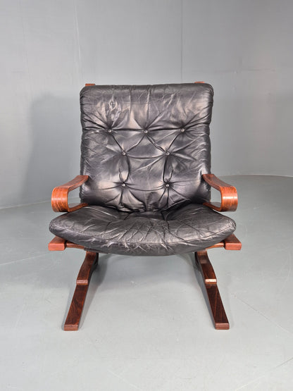 Vintage Mid Century Lounge Chair Black leather Skyline Model 1970s Retro EB12126