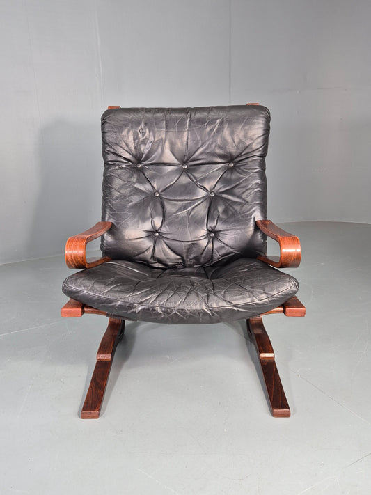 Vintage Mid Century Lounge Chair Black leather Skyline Model 1970s Retro EB12126