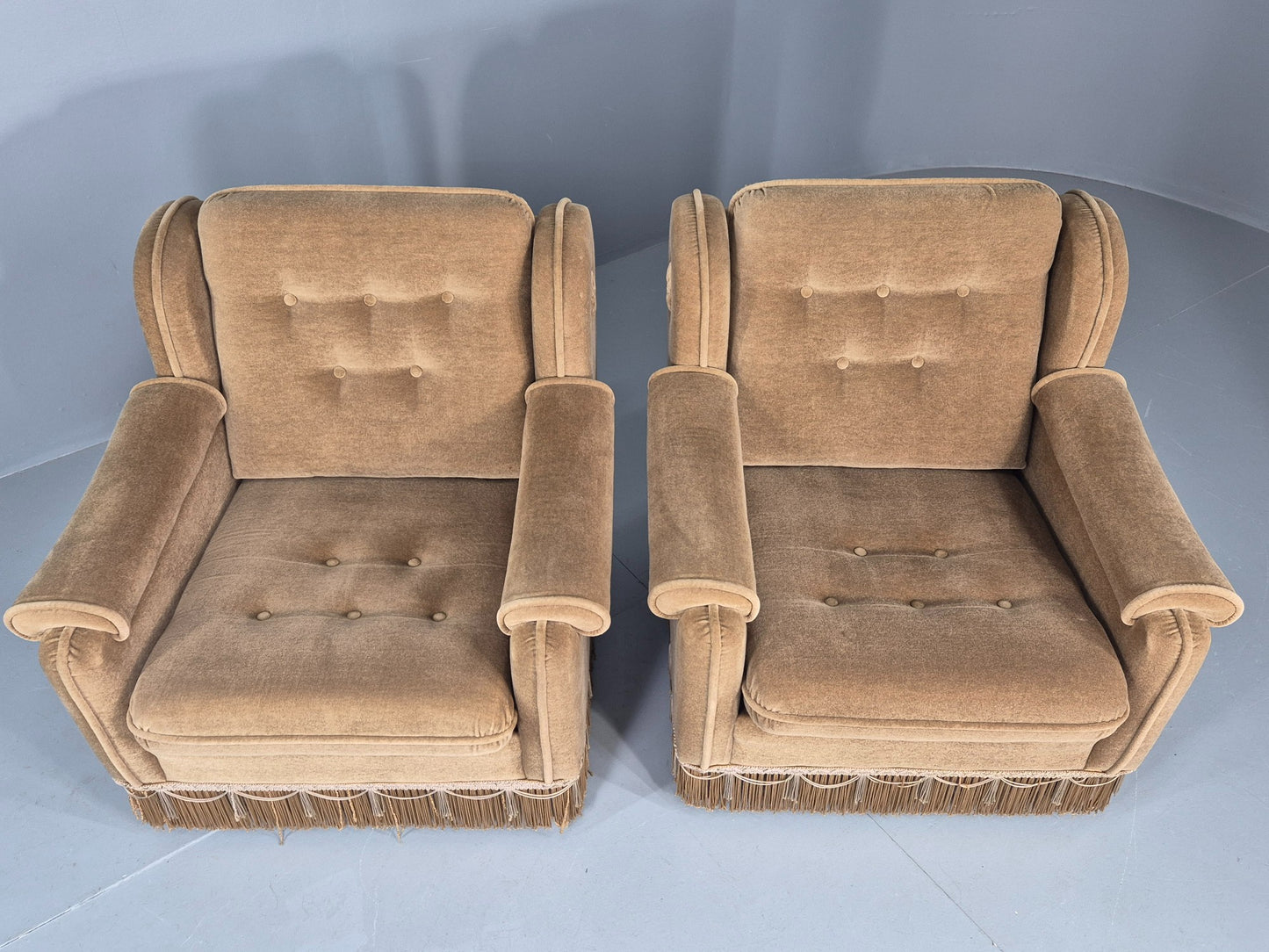 Vintage 1970s Lounge Chairs Green Velour Tassels Wing Back Danish Retro EB12137