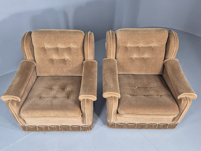 Vintage 1970s Lounge Chairs Green Velour Tassels Wing Back Danish Retro EB12137