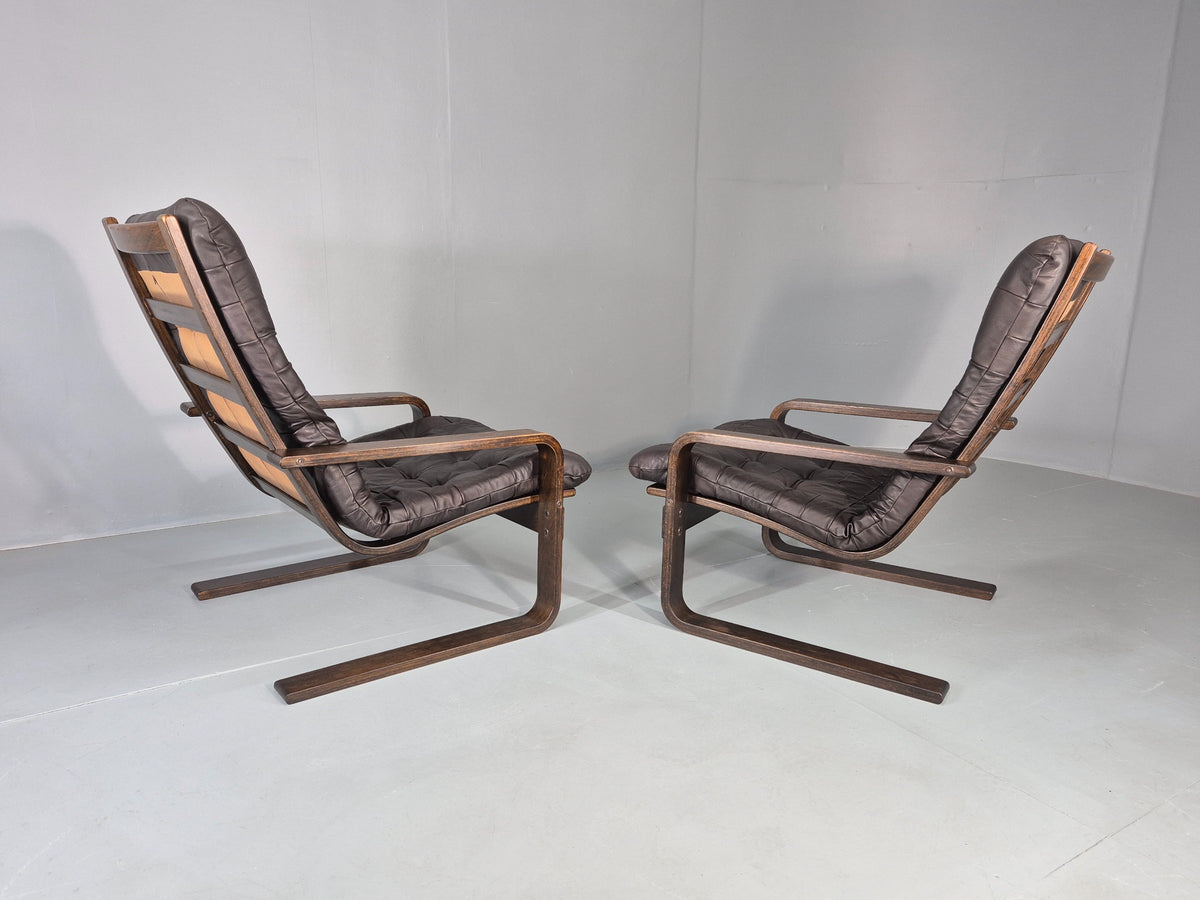 2 Vintage Leather Lounge Chairs 1970s Danish Bentwood MCM Retro  EB13080
