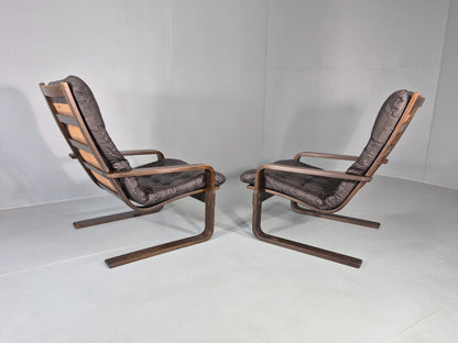 2 Vintage Leather Lounge Chairs 1970s Danish Bentwood MCM Retro  EB13080