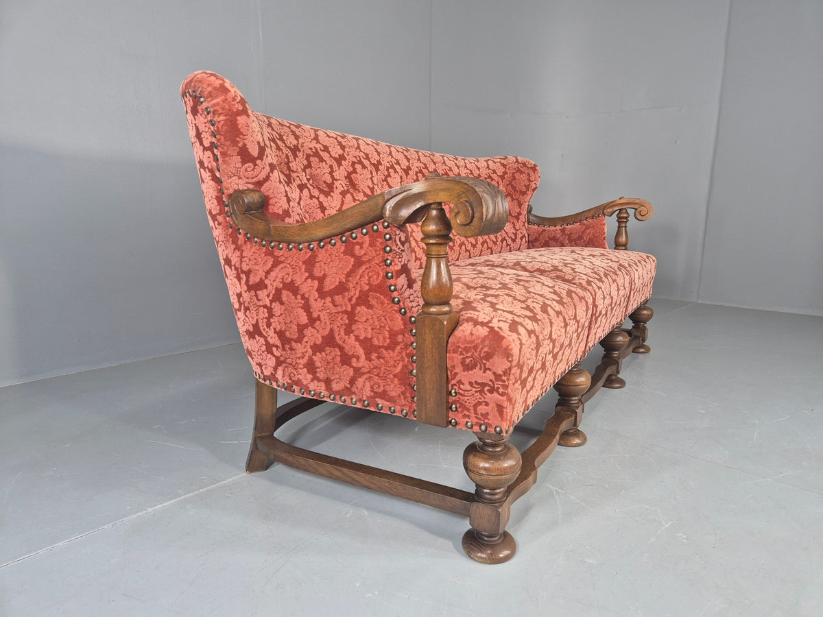 Vintage 3 Seater Sofa Danish Baroque Revival Pink Floral Moquette 1950s EB12698