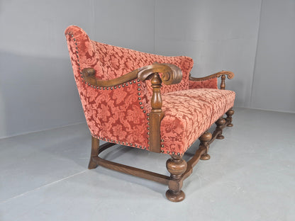 Vintage 3 Seater Sofa Danish Baroque Revival Pink Floral Moquette 1950s EB12698