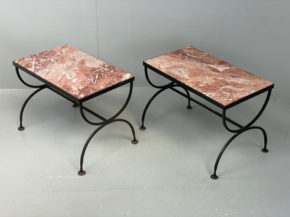 Vintage Wrought Iron Marble Side Tables Italian Breccia Pernice 1950s EB12301