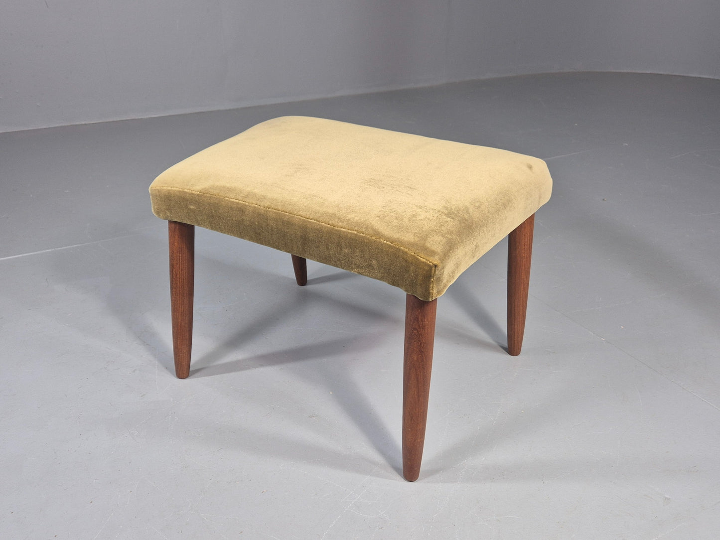 Vintage Danish Mid Century FootStool Teak legs Green Velour 1960s Retro EB12030