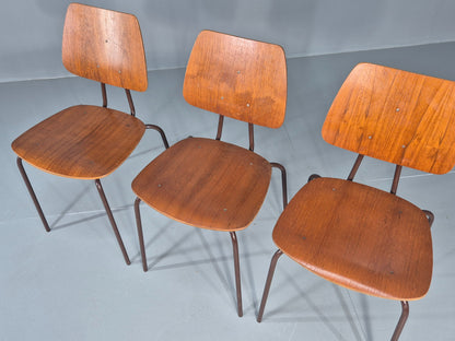 3 Vintage Danish Stacking Chairs Industrial Design Steel Teak Retro 60s Eb12491
