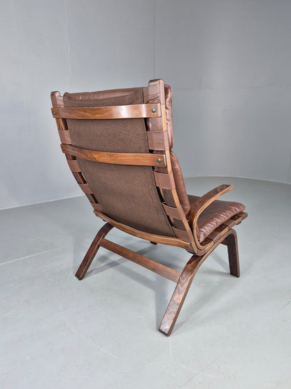 Vintage 1970s Leather Lounge Chair Farstrup Denmark Bentwood Frame Retro EB12311