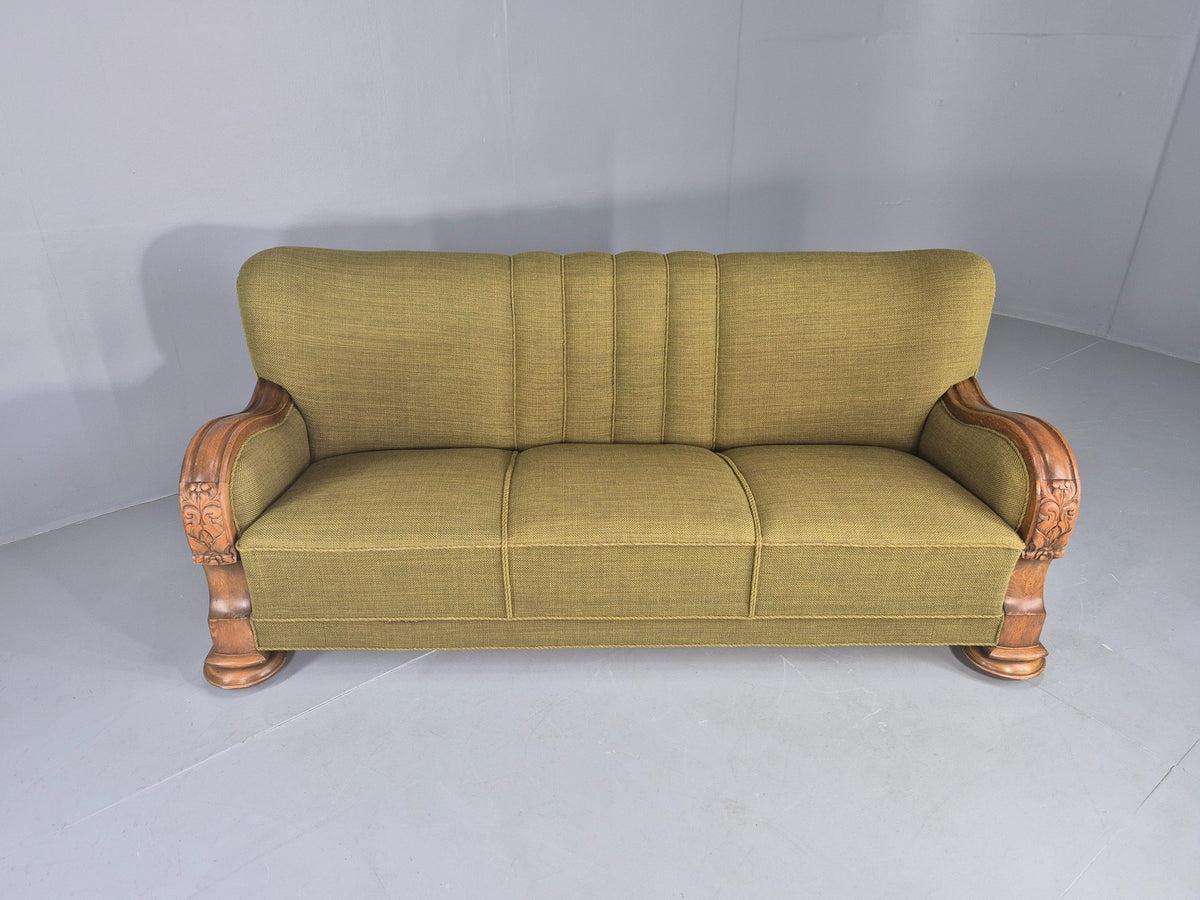 Vintage Danish 3 Seater Sofa Deco Stlyed 1940s Carved Oak Frame Retro EB12673