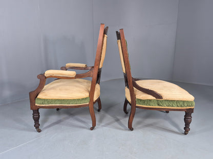 2 Antique Mahogany Saloon Chairs Green and Cream Upholstery Edwardian EB12792