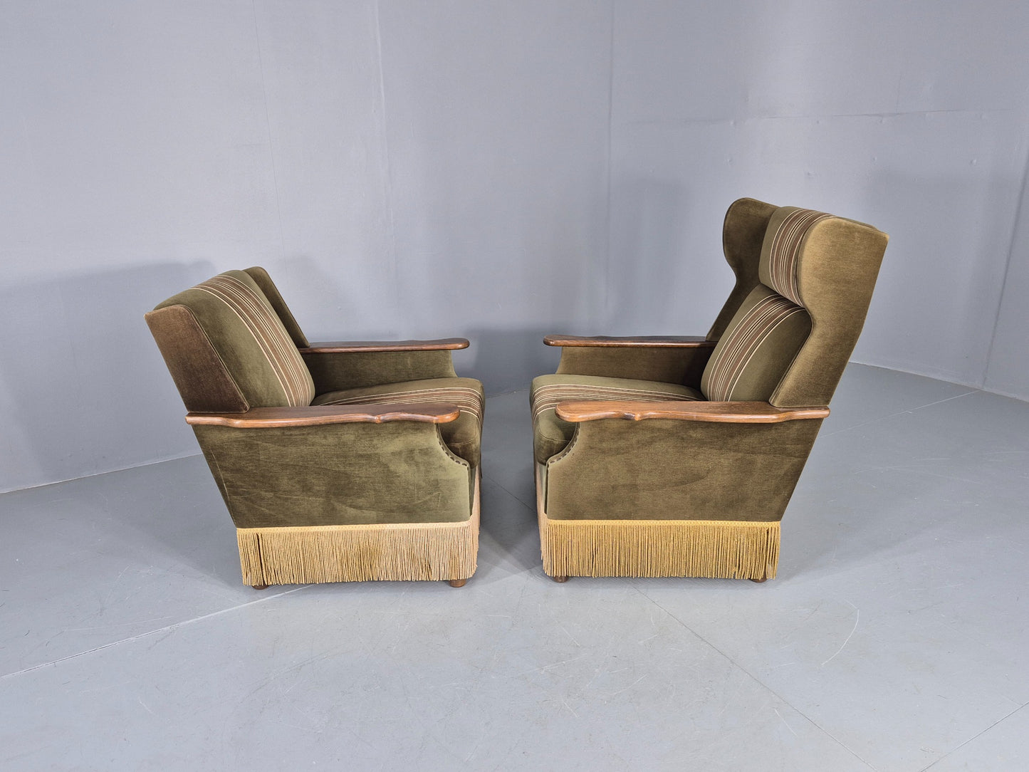 2 Vintage Danish 1970s Lounge Chairs Oak Kjaernulf Arms Green Stripe EB12686