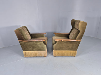 2 Vintage Danish 1970s Lounge Chairs Oak Kjaernulf Arms Green Stripe EB12686