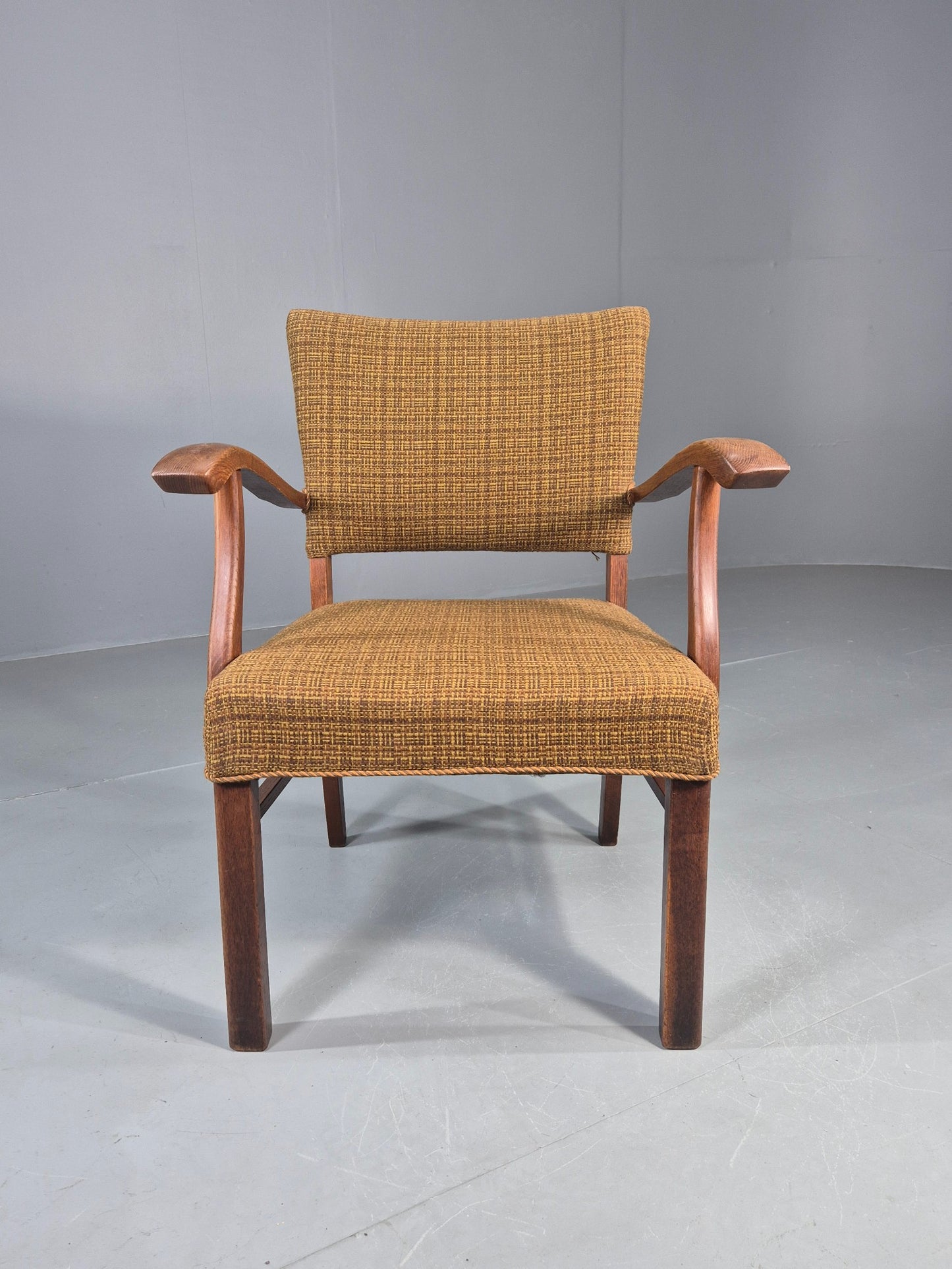 Vintage Elbow Chair 1950s Danish Oak Frame Green Wool Upholstery EB12004