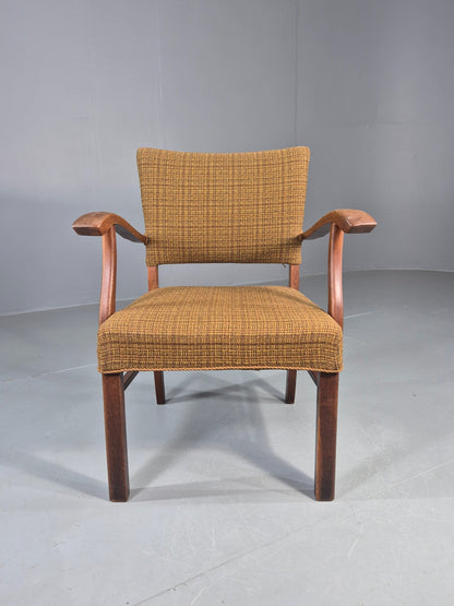 Vintage Elbow Chair 1950s Danish Oak Frame Green Wool Upholstery EB12004