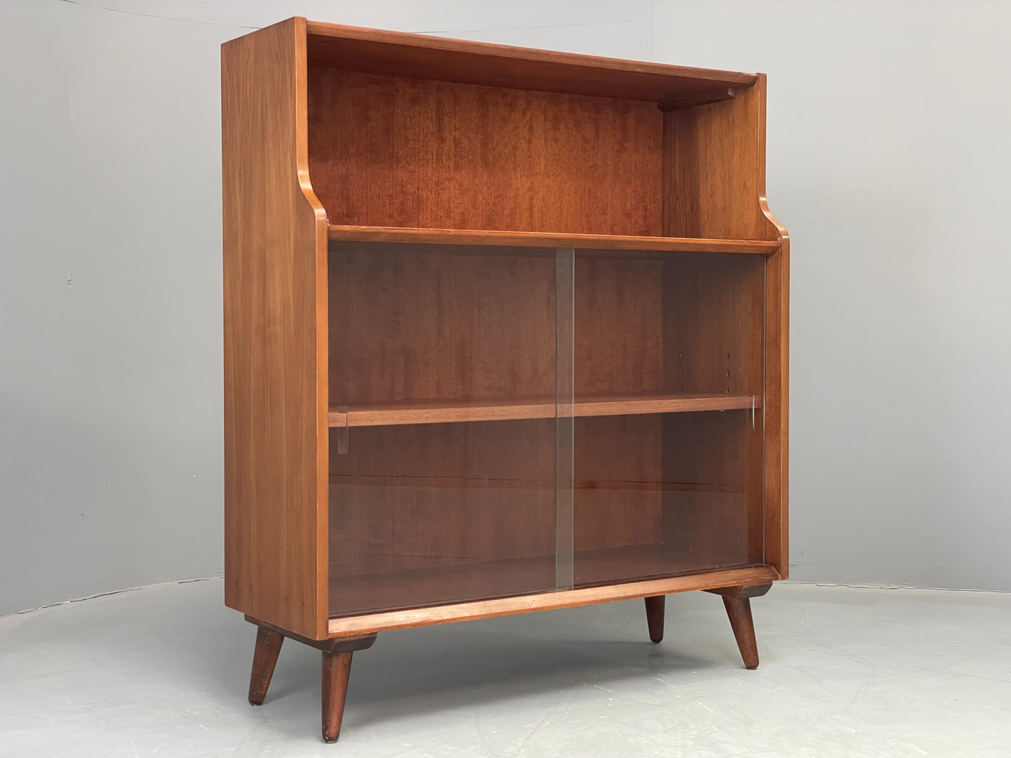 Vintage Bookcase Walnut 1960s Retro Midcentury Glass Doors Shelving EB12607