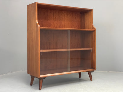 Vintage Bookcase Walnut 1960s Retro Midcentury Glass Doors Shelving EB12607