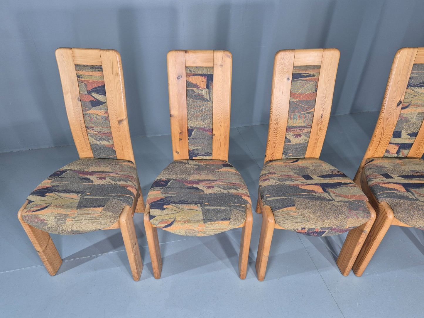 6 Brutalist Pine Dining Chairs 1980s Upholstery Danish Design Retro EB12146