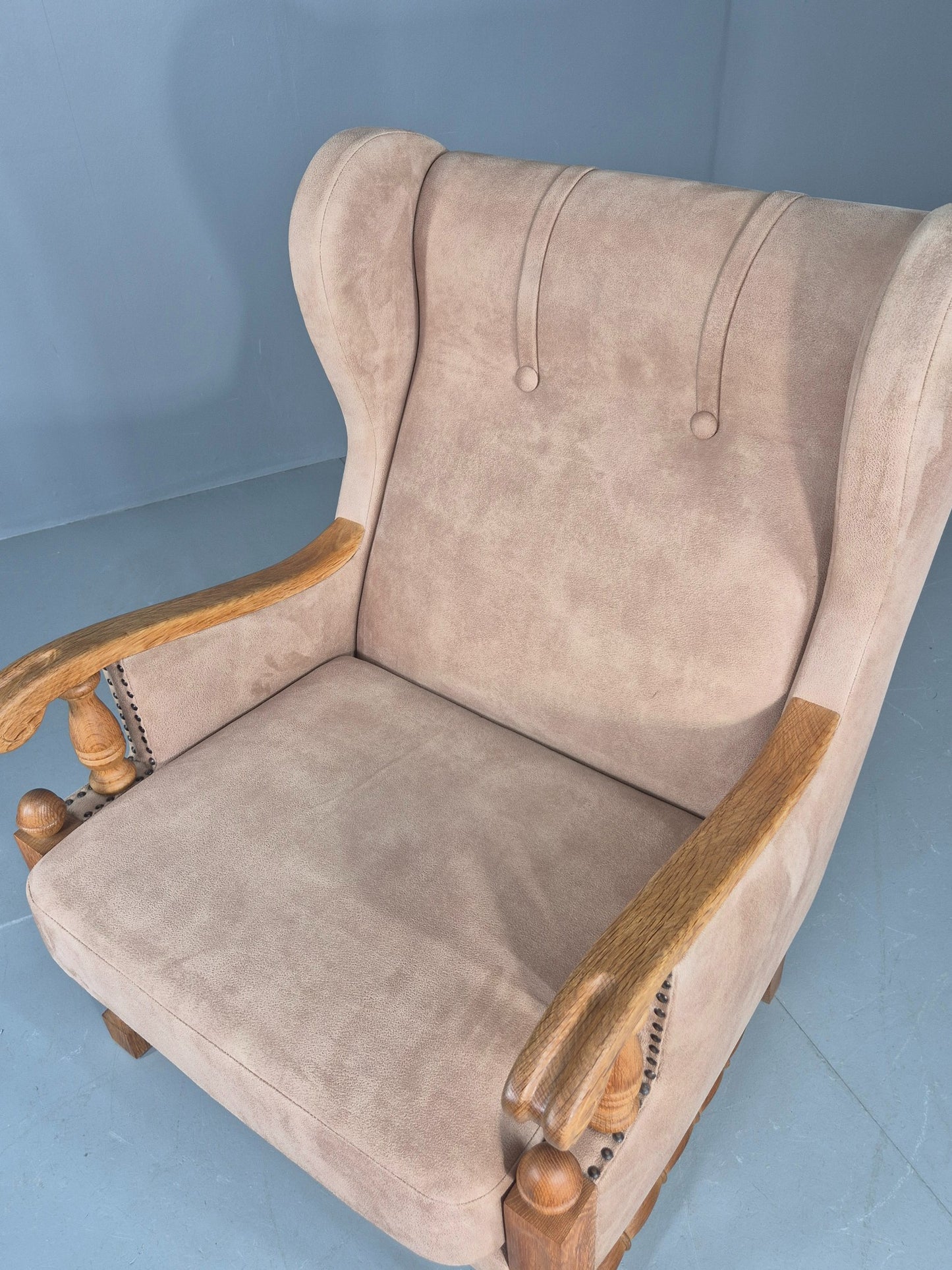 Vintage Wing Back Lounge Chair 1970s Danish Faux Suede on Oak Frame EB12774