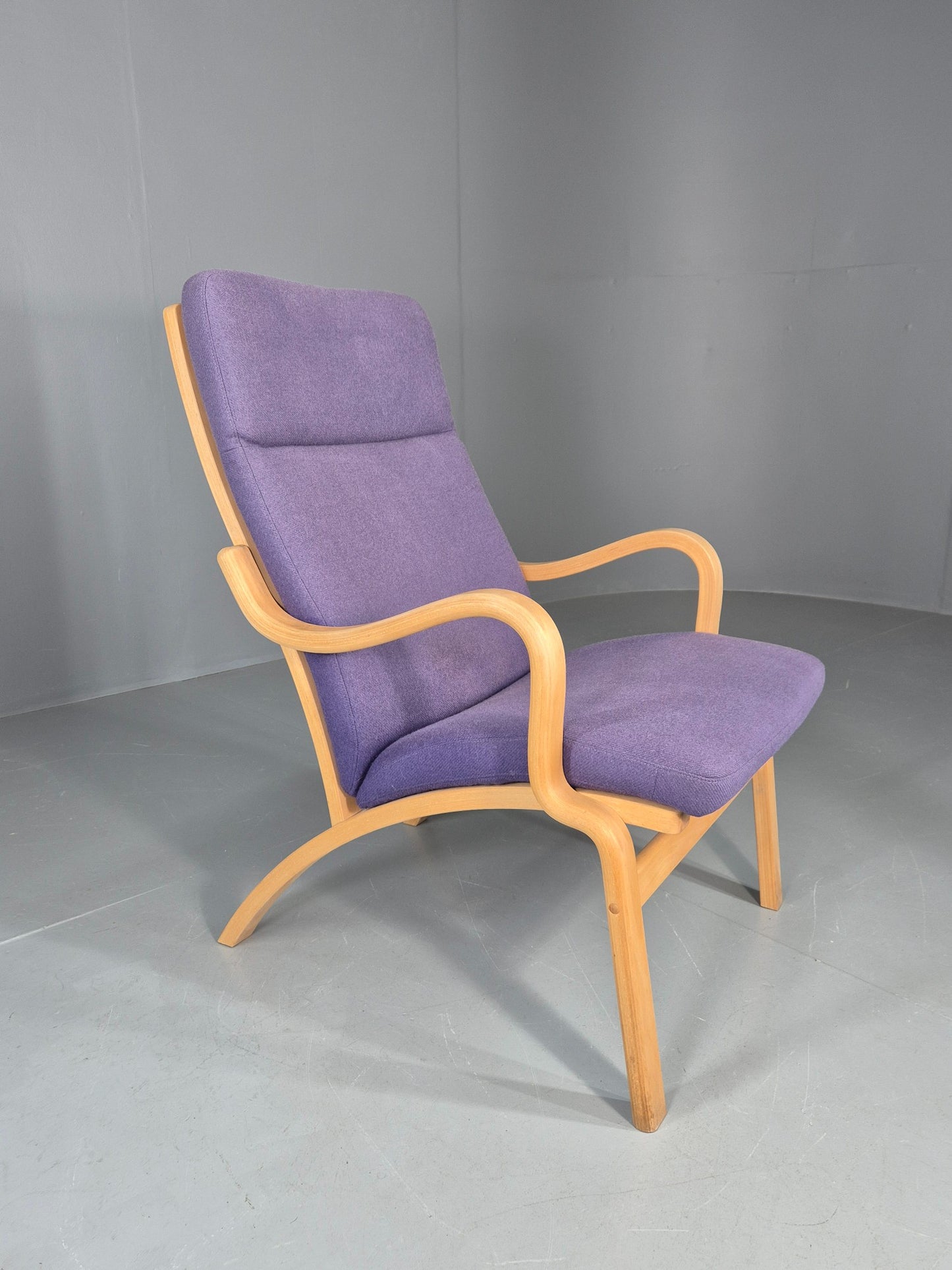 Vintage Mid Century Lounge Chair Bentwood Frame Danish Purple Wool 1980s EB12136