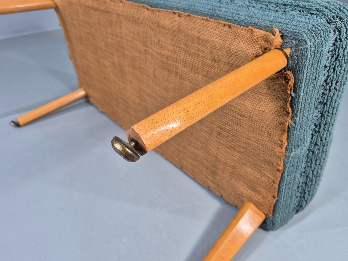 Vintage 1950s Footstool Turquoise Blue Boucle Beech Legs EB12797