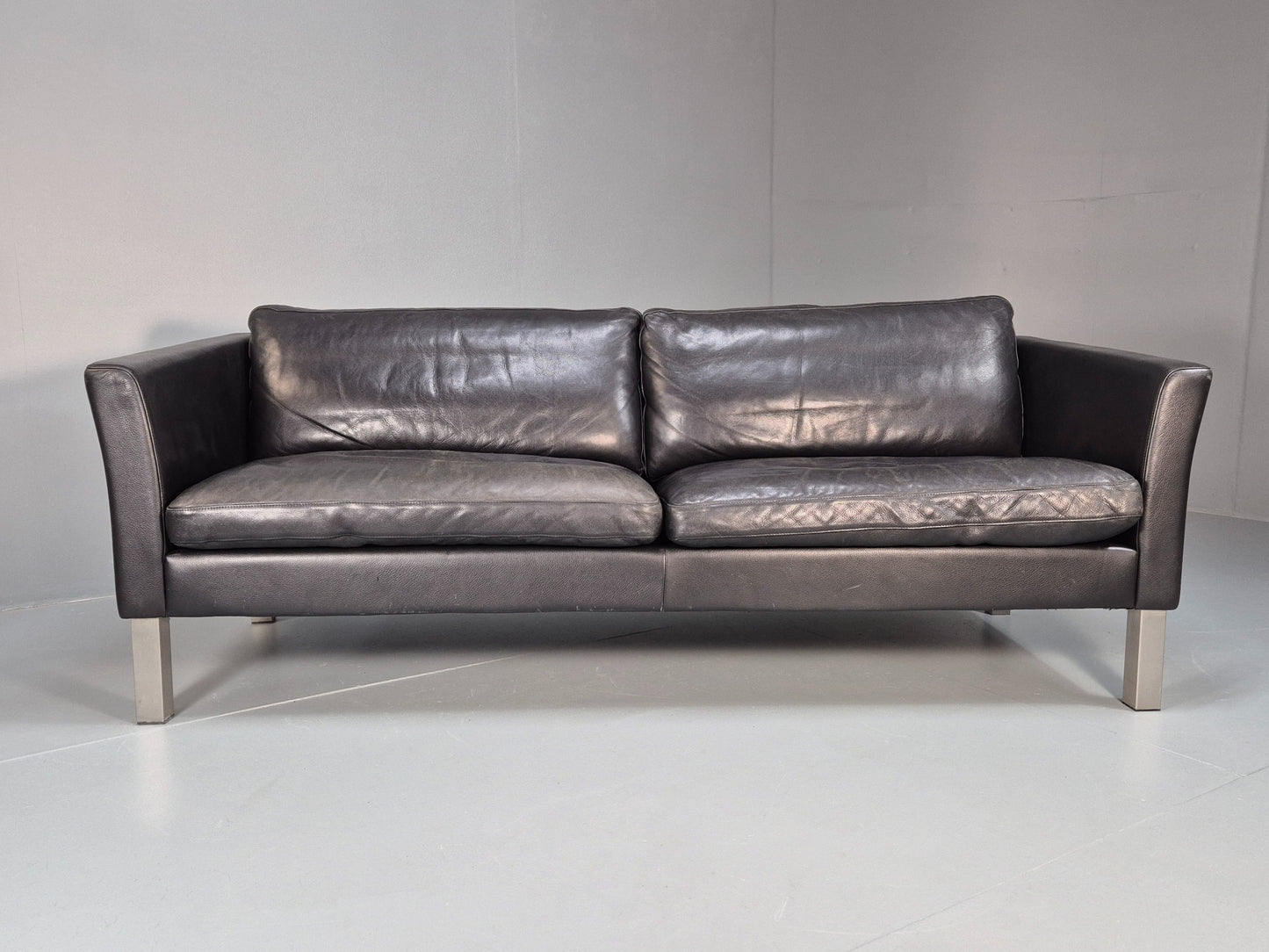Vintage 3 Seater Stouby Sofa 1990s Black Leather Steel Legs Retro MCM  EB09079