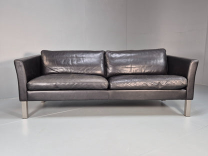 Vintage 3 Seater Stouby Sofa 1990s Black Leather Steel Legs Retro MCM  EB09079