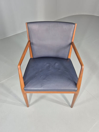 Vintage Mid Century Teak Armchair Blue Leather 1960s Retro EB11895