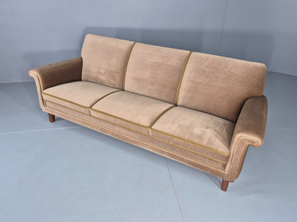 Vintage 3 Seater Sofa Mid Century Danish Green Velour Upholstery 1960s  EB12759