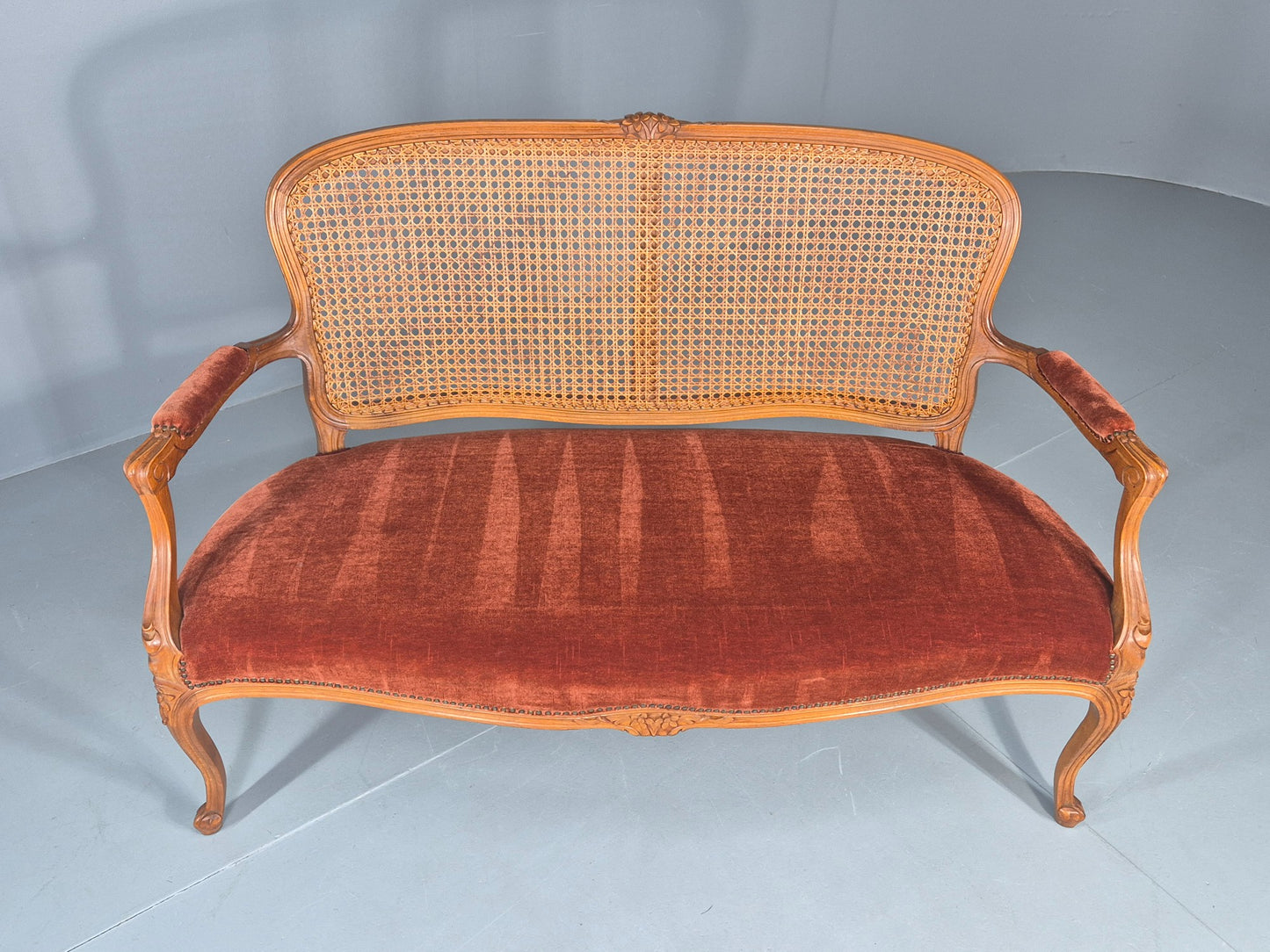 Vintage Danish 2 Seat Sofa French Style Bergere Back Red Velvet Velour EB12744