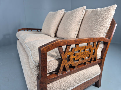 Vintage Art Deco 3 Seat Sofa Dappled Walnut White Boucle Bergere EB12557