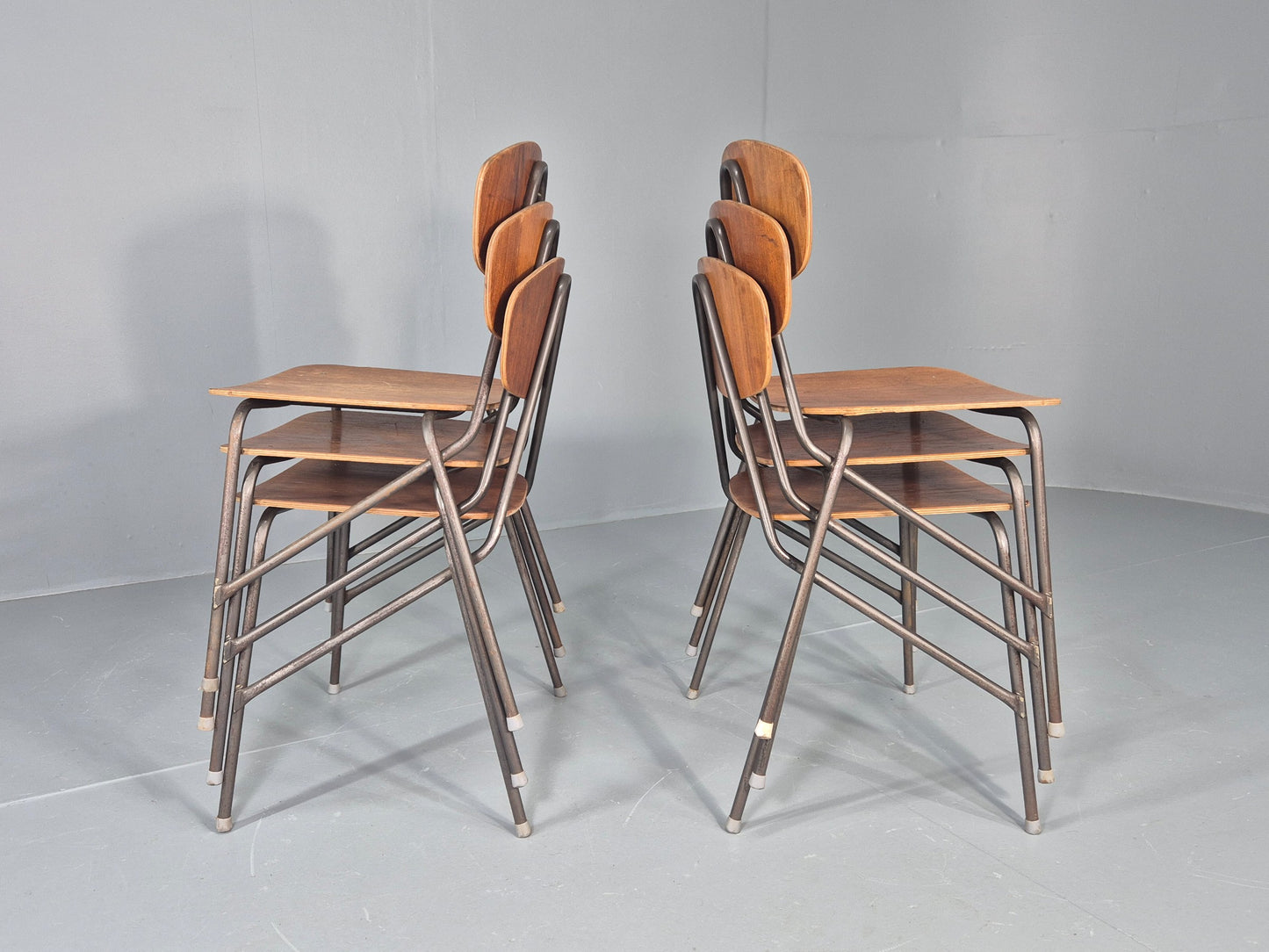 6 Vintage Danish Stacking Chair Industrial Steel and Teak Ply Retro MCM  EB12475