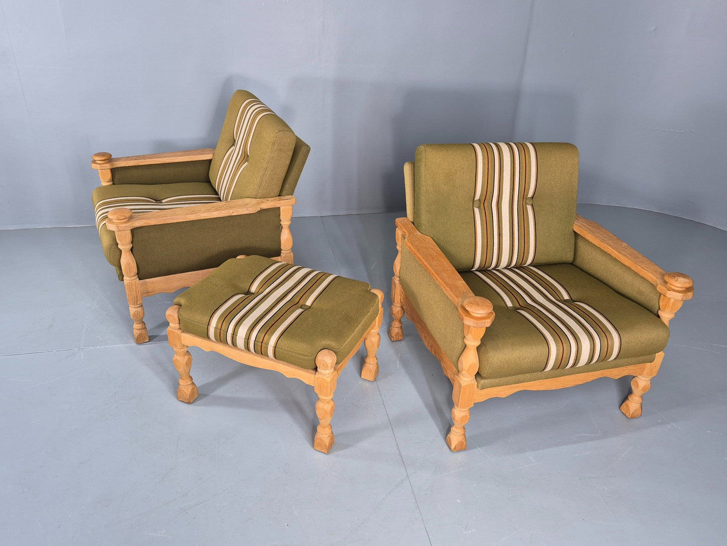 2 vintage Kjaernulf Armchairs with footstool Oak and Green Retro 1970s EB12778