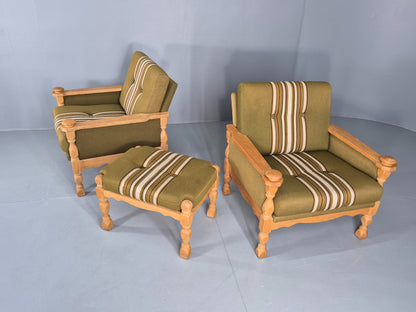 2 vintage Kjaernulf Armchairs with footstool Oak and Green Retro 1970s EB12778
