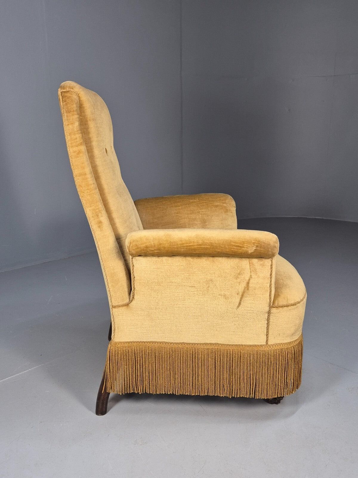 Vintage Gold Velour Danish Armchair 1920s Tassels High Back EB9635 VCLO