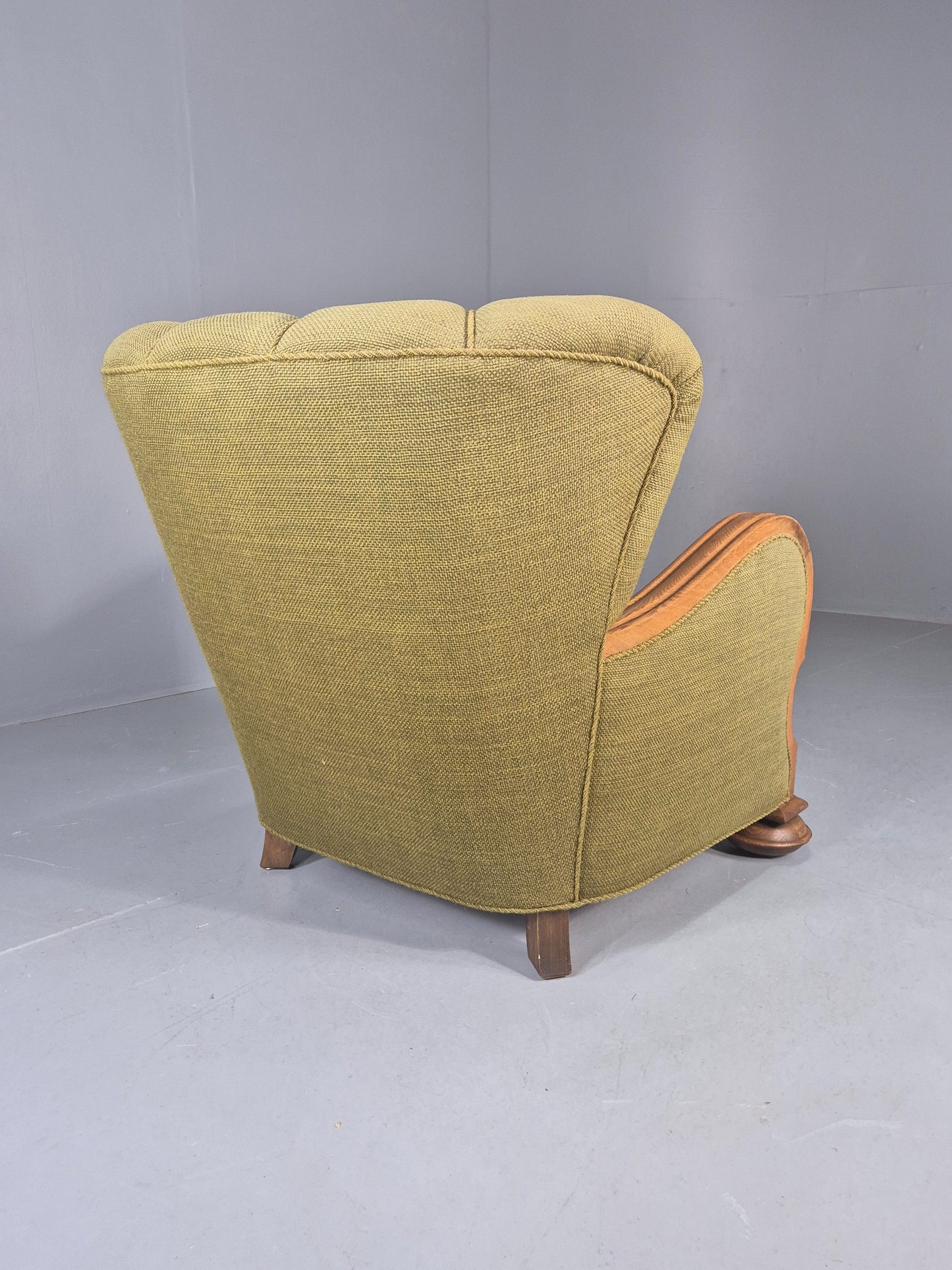 Vintage Art Deco Lounge Chair Danish Oak Shell Back 1940s Retro Green EB12693