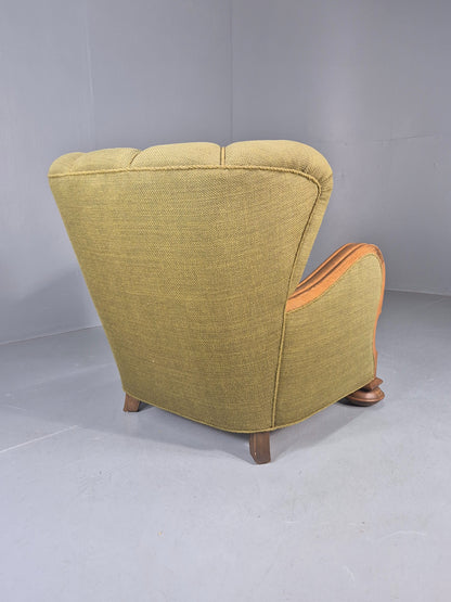 Vintage Art Deco Lounge Chair Danish Oak Shell Back 1940s Retro Green EB12693