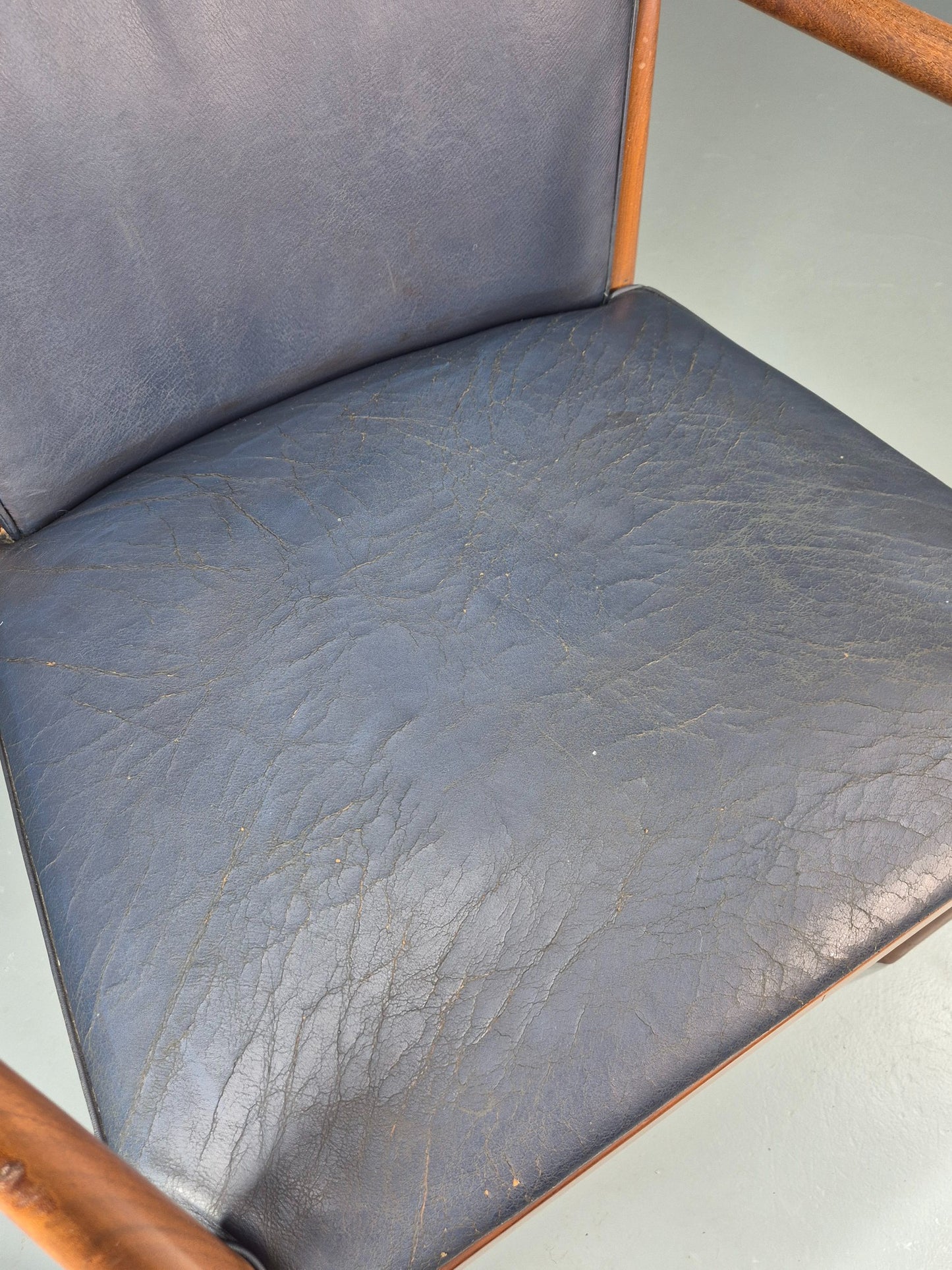 Vintage Mid Century Teak Armchair Blue Leather 1960s Retro EB11901